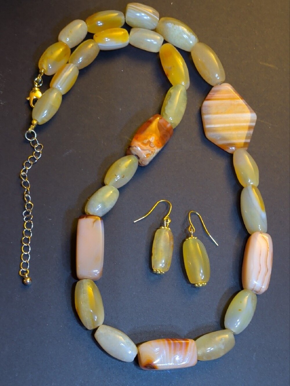 Gorgeous Banded And Yellow Polished Agate Semiprecious Stones Necklace +Earrings